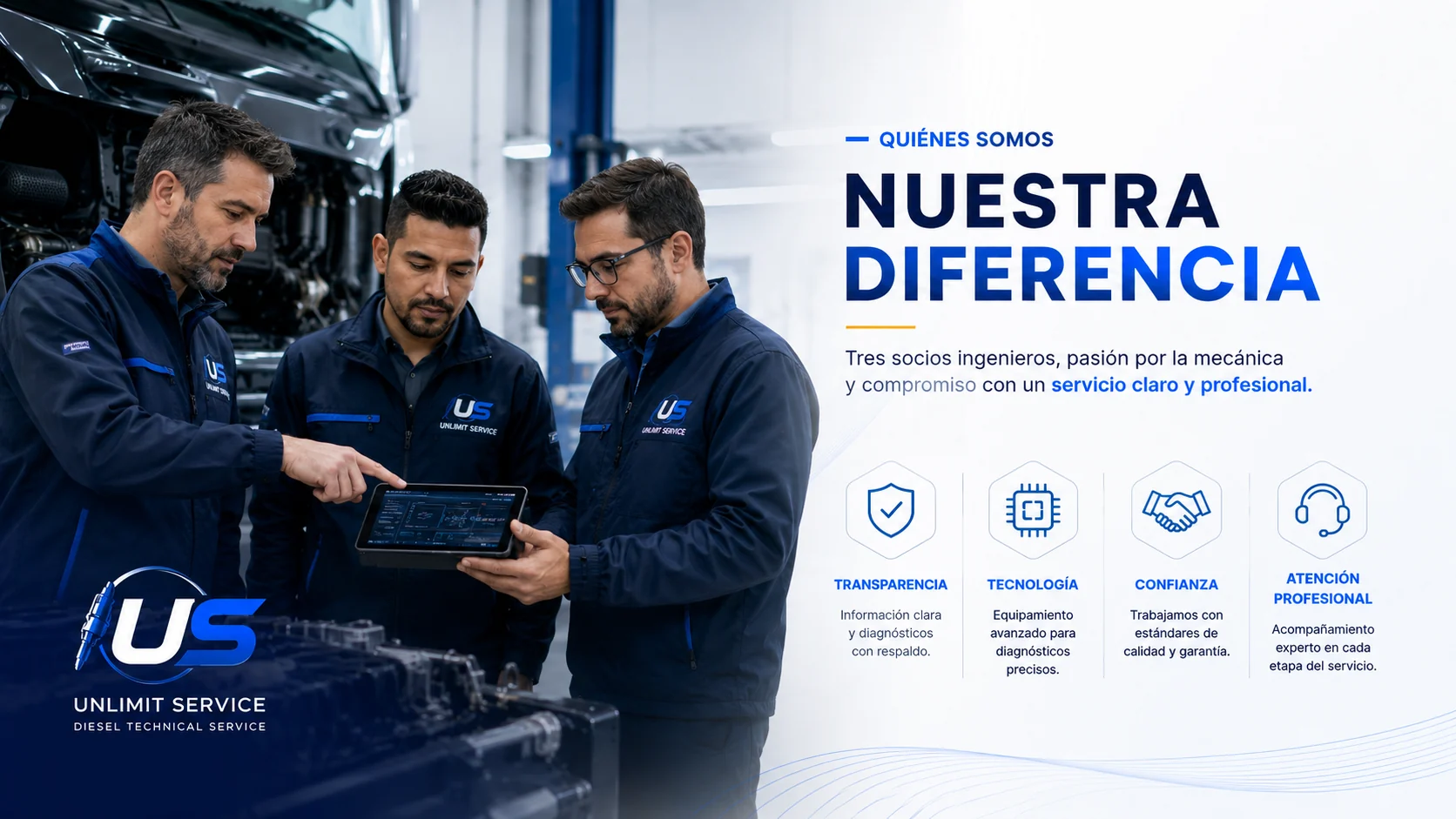 Tres socios ingenieros de Unlimit Service revisando diagnóstico técnico